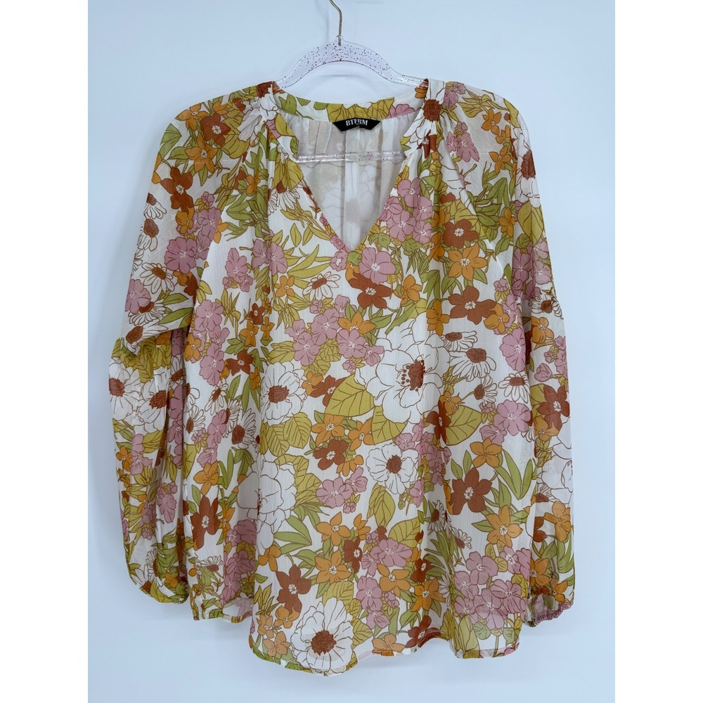 BTFBM Womens Floral Chiffon V-Neck Blouse Yellow Pink Retro Long Sleeve Top Sz M